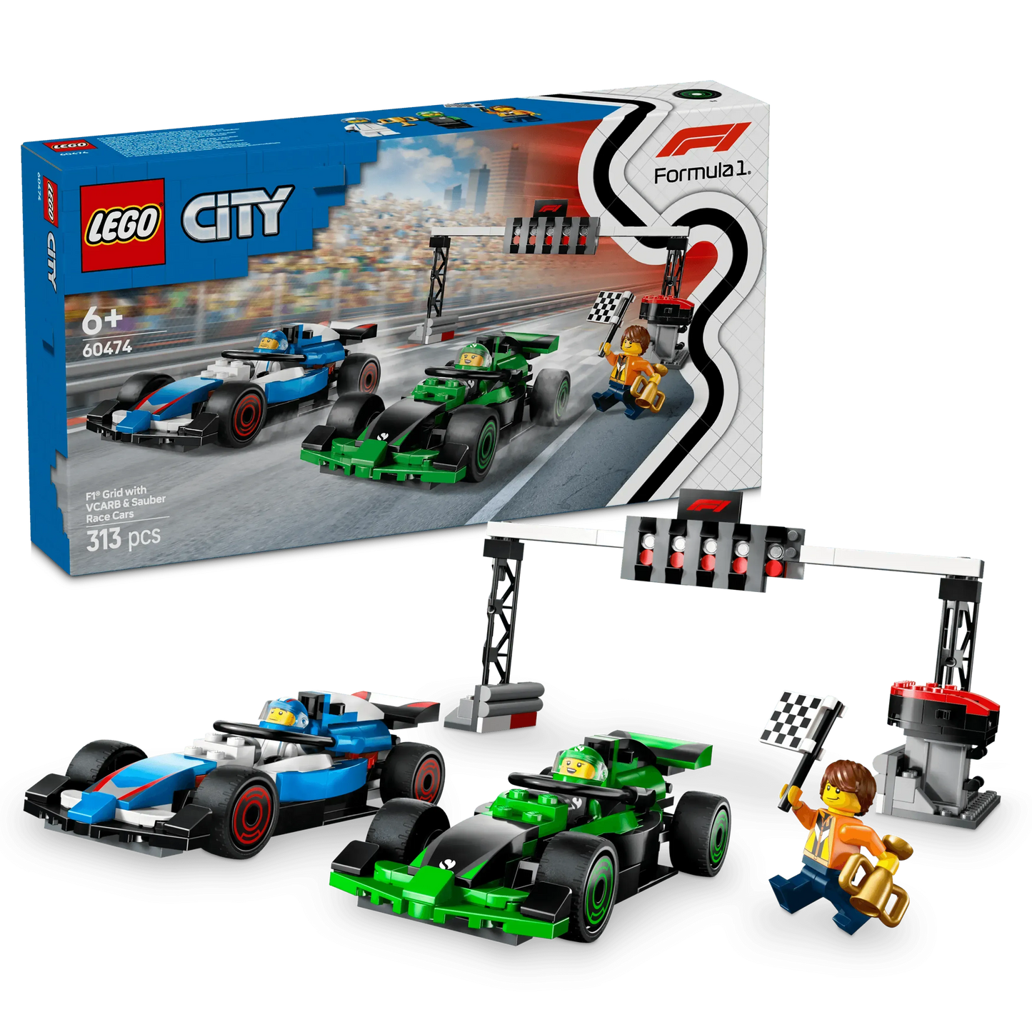 LEGO F1 Startlinie mit VCARB- und Sauber-Formel-1-Autos 60474 City